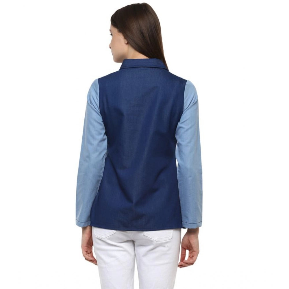 Generic Women's Denim Patch Work Long Sleeves Regular Top (Blue)