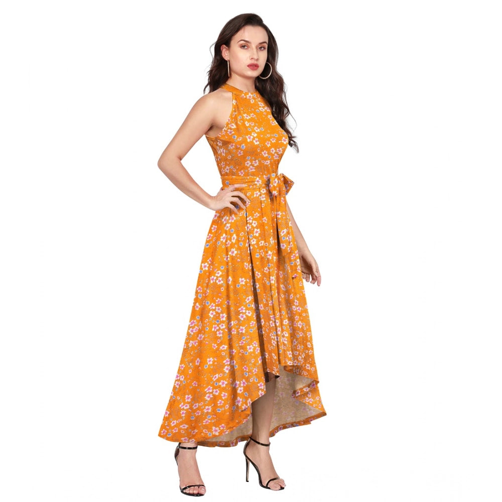 Generic Women's Polyester Printed Halter Neck Sleeveless Dress (Yellow)