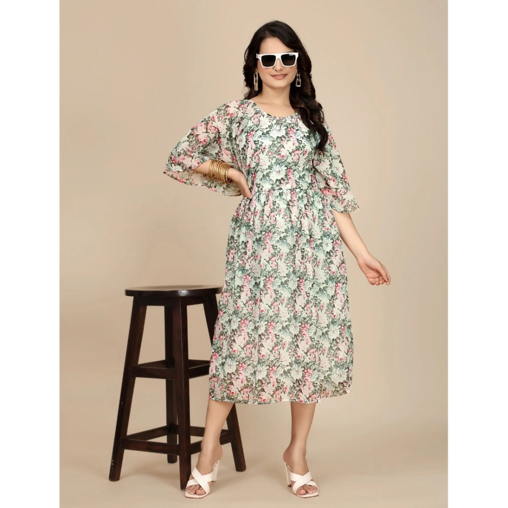 Generic Women's Georgette Printed Round Neck Short Sleeve Dress (Pink)