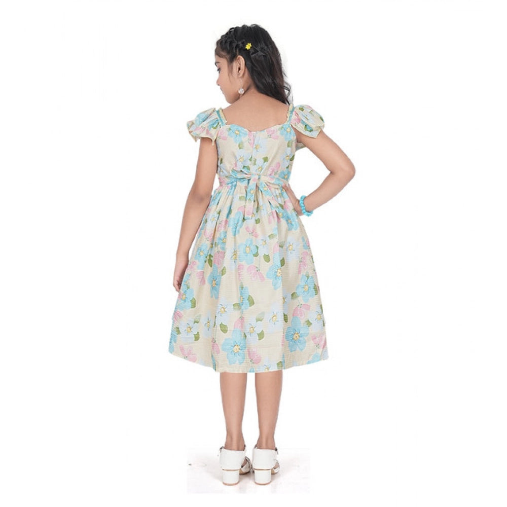 Generic Girl's Popcorn Printed Short Sleeve Squre Neck Dress (Sky Blue)