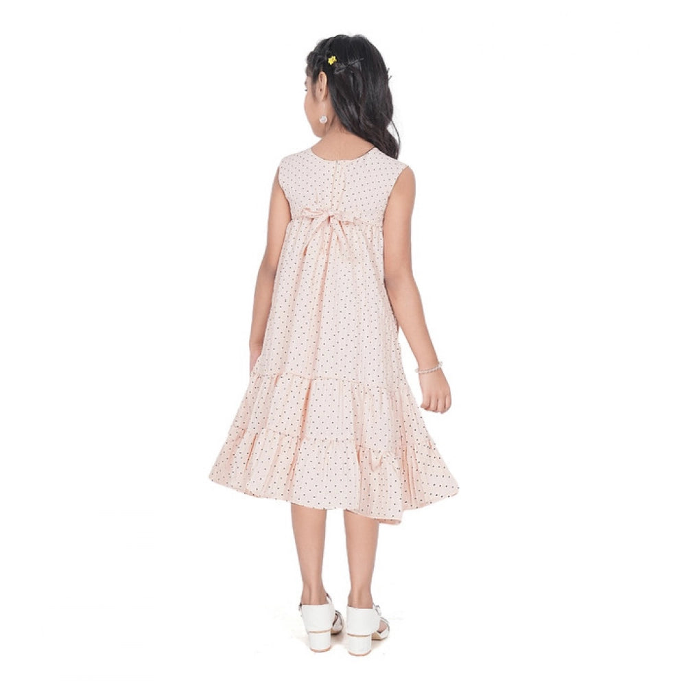 Generic Girl's Slub Printed Sleeve Less Round Neck Dress (Brown)
