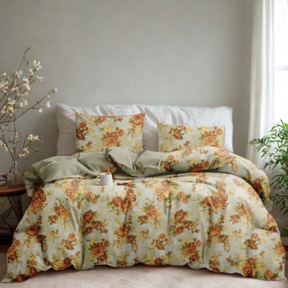Generic Microfiber Floral Printed Double Bedsheet with 2 Pillow Covers (Beige)
